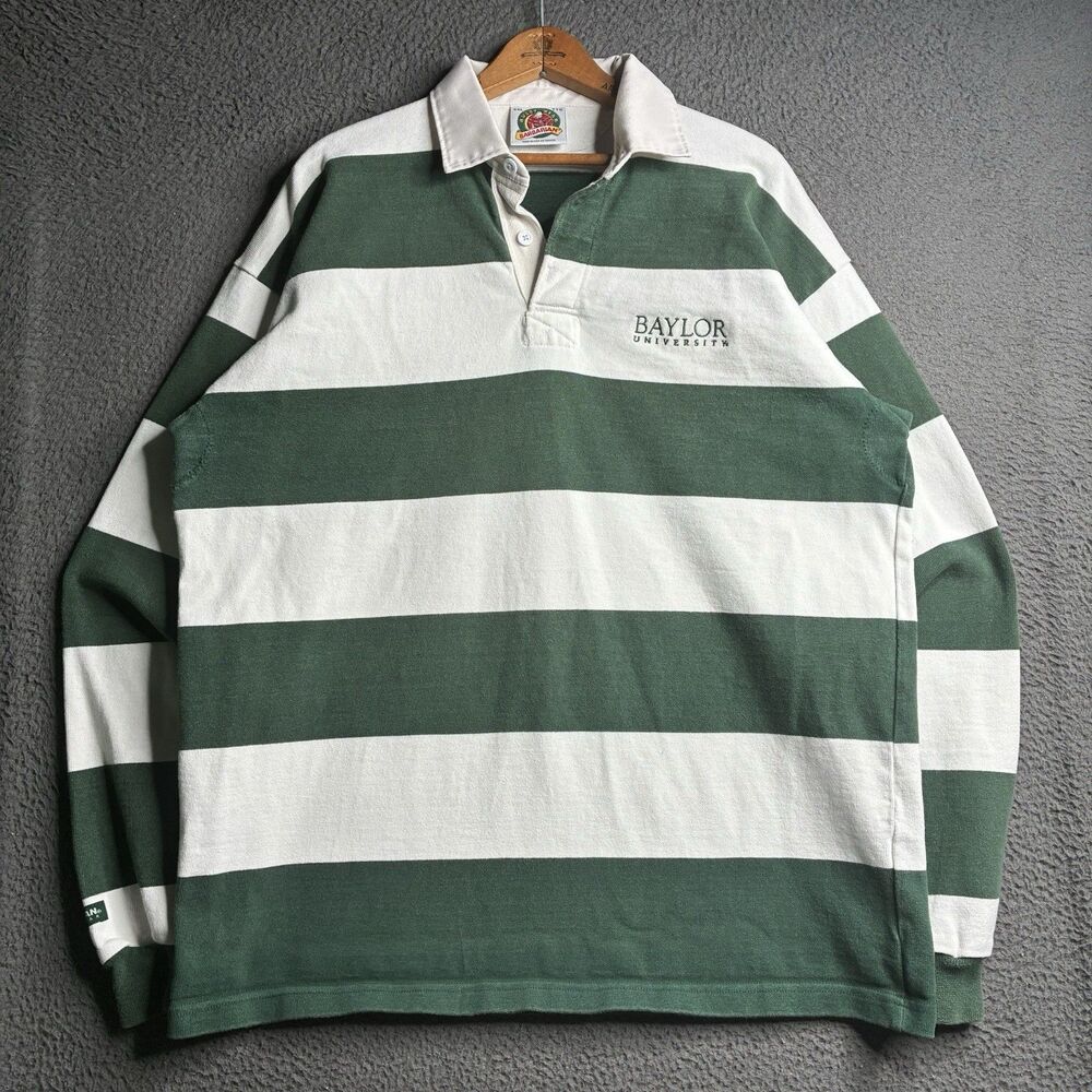 Vintage Baylor Bears University Rugby Shirt men's 2XL Green White Barbarian